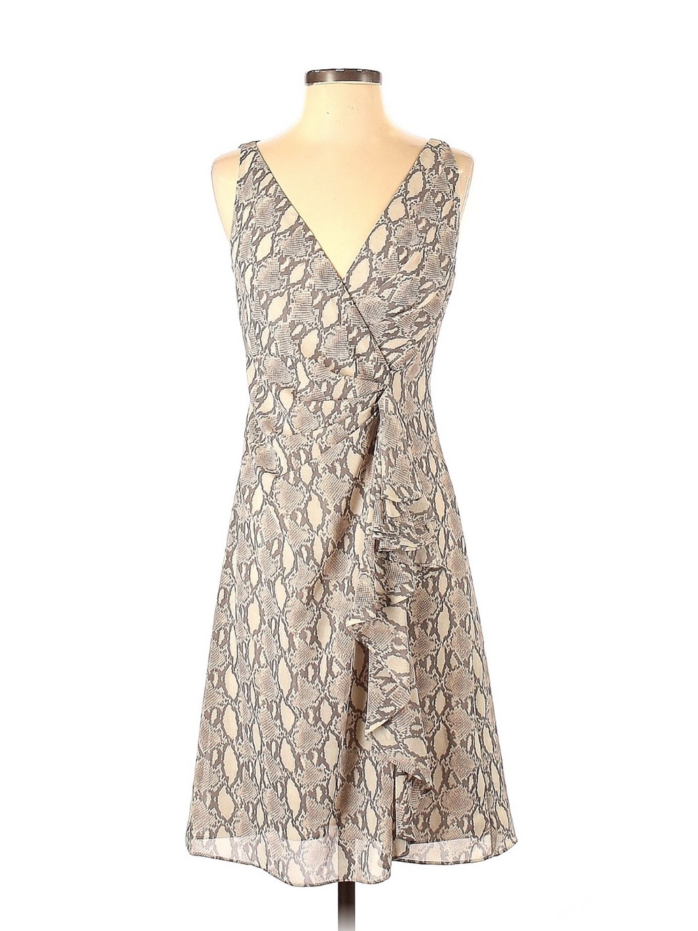 Sleeveless V-Neck Snake Print Wrap Dress - Beige/Gray